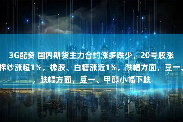 3G配资 国内期货主力合约涨多跌少，20号胶涨近2%，瓶片、棉纱涨超1%，橡胶、白糖涨近1%，跌幅方面，豆一、甲醇小幅下跌